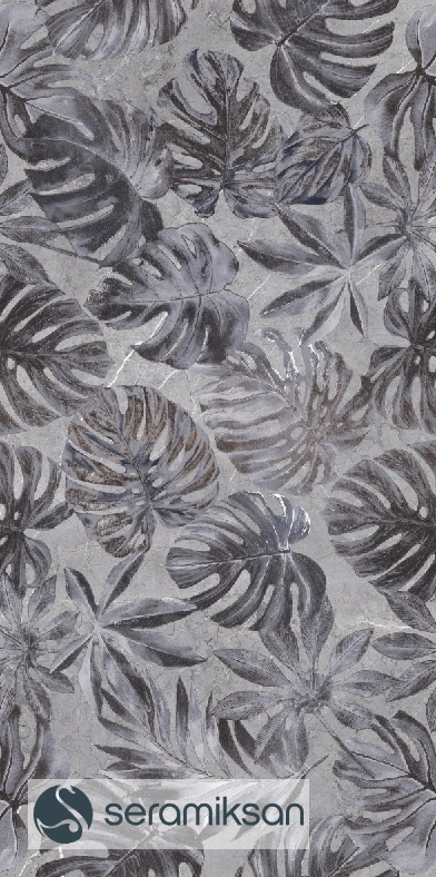 60*120 PALERMO TROPİKAL MOTİF KOYU GRİ